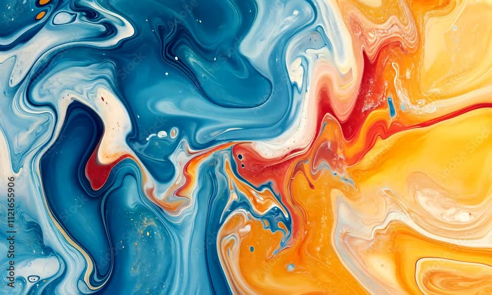 A vibrant abstract painting featuring swirling patterns of blue, orange, and white, creating a fluid and dynamic visual experience.