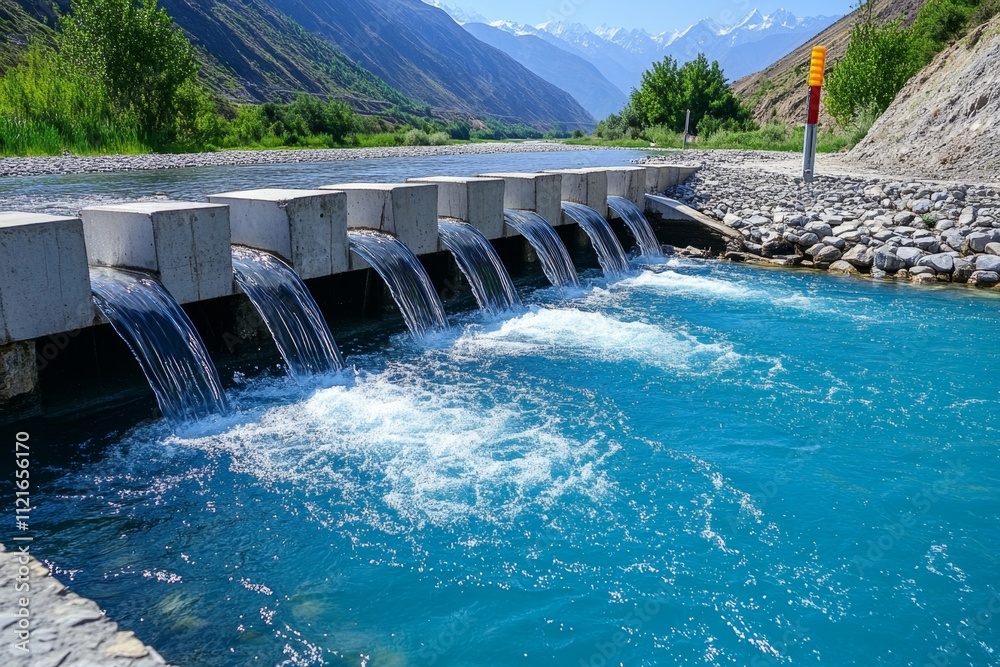 A vibrant image of a reservoir with water being released through gates, returning to a river as part of the water cycle A vibrant image of a reservoir with water being released through gates, returning to a river as part of the water cycle