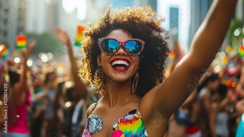 A joyful woman with curly hair celebrates at a vibrant festival, wearing colorful attire and sunglasses, amidst a lively crowd.