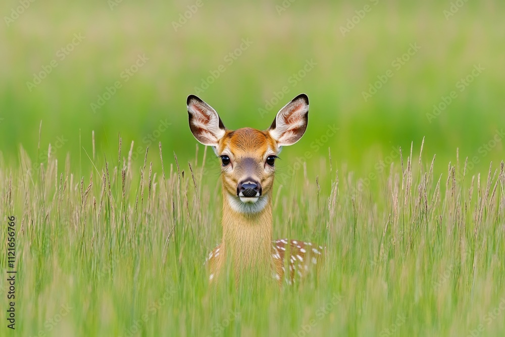 A vibrant photo of a fawn nestled in tall grass, with its spotted coat blending into the surroundings A vibrant photo of a fawn nestled in tall grass, with its spotted coat blending into the surroundings