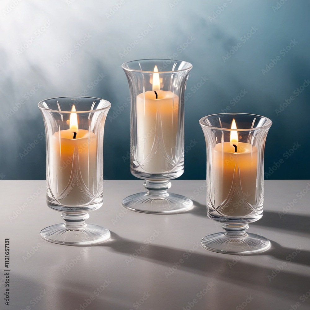 Three slender, crystal-clear glass candle holders with intricately etched designs and subtle curves, each containing a soft-glowing candle with a warm, golden flame, set against a transparent, misty b Three slender, crystal-clear glass candle holders with intricately etched designs and subtle curves, each containing a soft-glowing candle with a warm, golden flame, set against a transparent, misty b