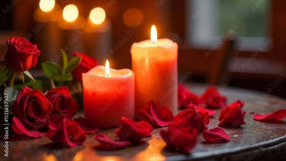 A scene with romantic candles, heart-shaped decorative items, and rose petals scattered on the table?love, relationship, lovers, valentine's day, postcard, date idea, romance A scene with romantic candles, heart-shaped decorative items, and rose petals scattered on the table?love, relationship, lovers, valentine's day, postcard, date idea, romance