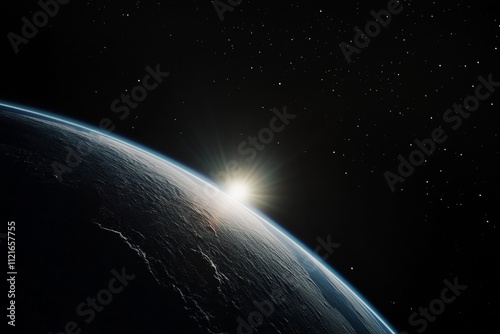 Fototapeta Naklejka Na Ścianę i Meble -  Stunning Earthrise with Sunlight Breaking Over Horizon - Captivating Outer Space View of Planet Earth at Dawn, Stars in Dark Sky