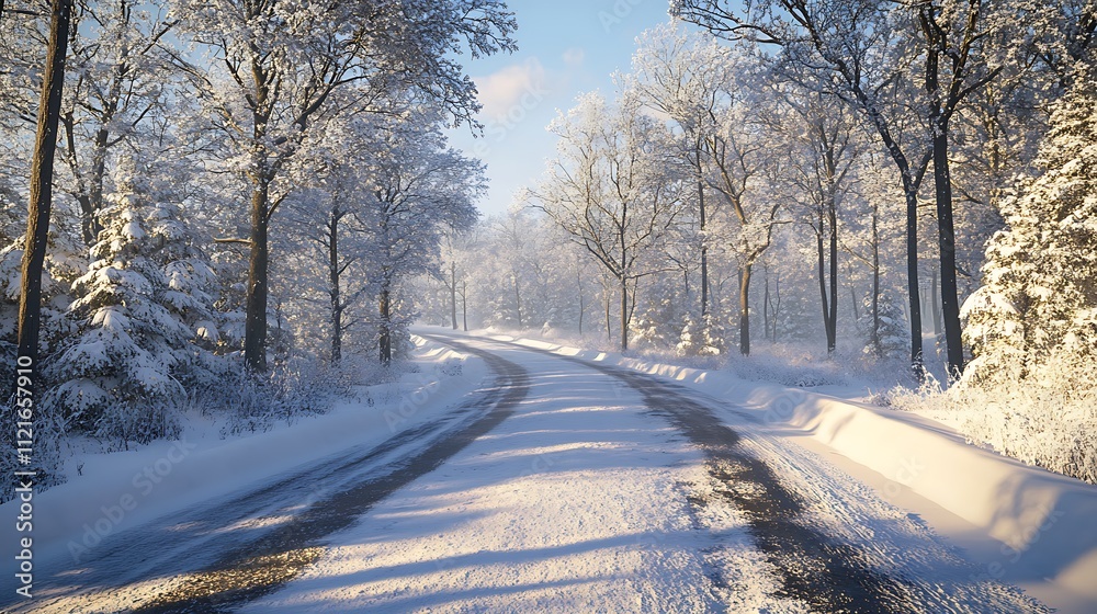 Obraz premium Winter road journey snowy forest scenic landscape tranquil view
