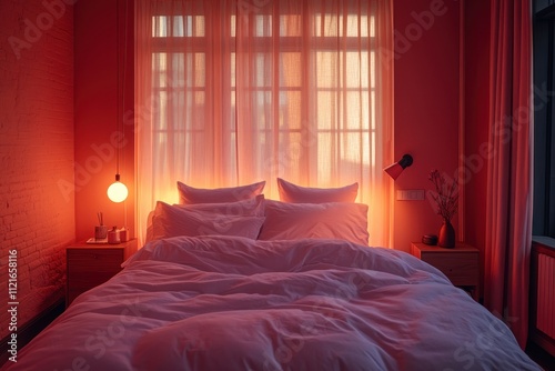 Wallpaper Mural Warm-lit bedroom with white bedding, soft curtains, and red walls. Perfect for showcasing relaxation, comfort, and interior design. Torontodigital.ca