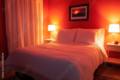 Cozy bedroom with soft lighting, white bedding, and orange walls. Perfect for illustrating relaxation, comfort, or a peaceful sleep.