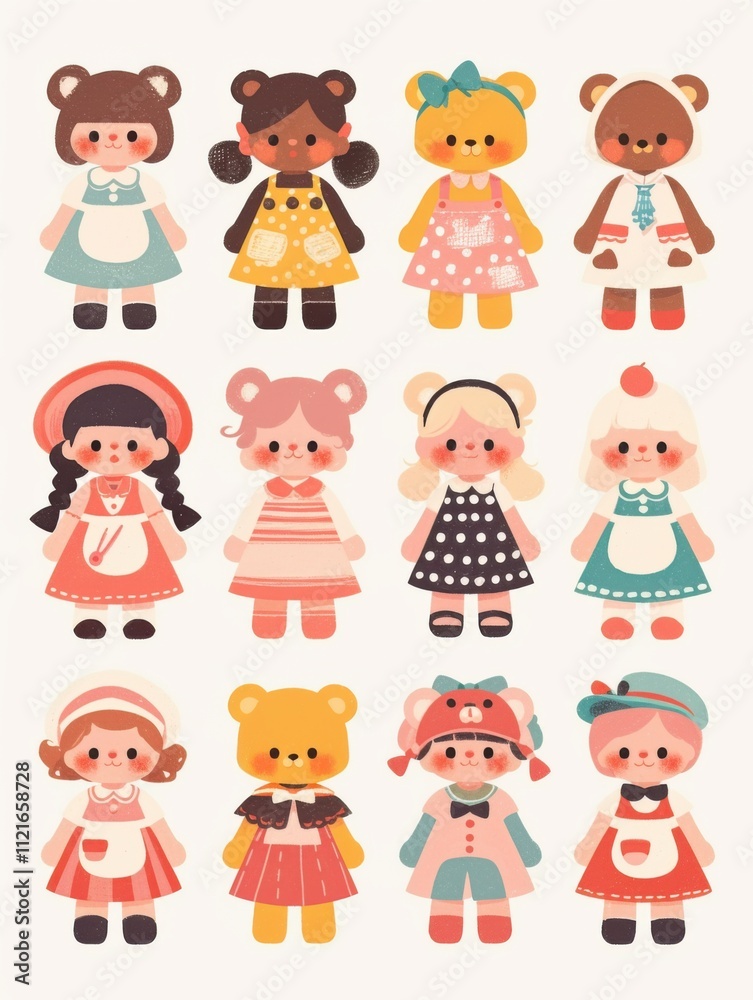 Pastel Flat Style Cartoon Animal Doll Stickers: Simple and Cute Designs Pastel Flat Style Cartoon Animal Doll Stickers: Simple and Cute Designs