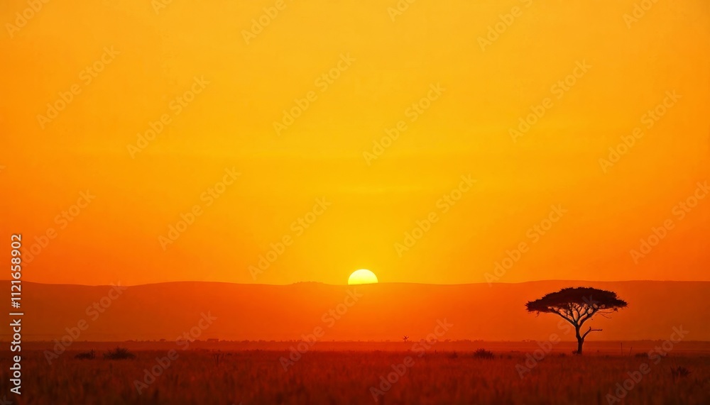Naklejka premium Golden Horizon at Sunset Over African Savanna with Lone Tree