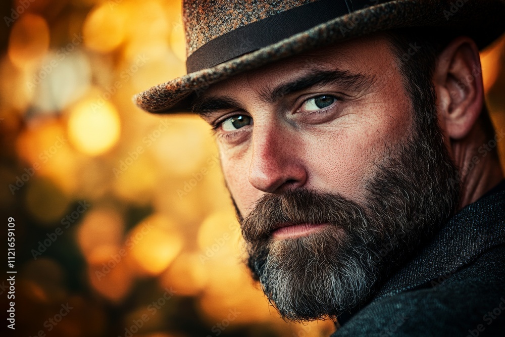Stylish Bearded Man with Hat Against a Warm Bokeh Background - Portrait Photography for Fashion, Lifestyle, and Mens Grooming Stylish Bearded Man with Hat Against a Warm Bokeh Background - Portrait Photography for Fashion, Lifestyle, and Mens Grooming