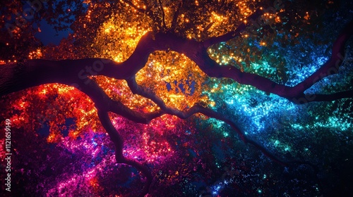 decorative lights shimmering under a treeas branches, their colorful glow contrasting beautifully with the dark background of the night sky photo