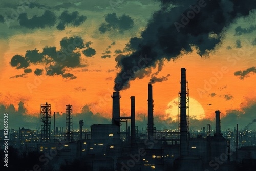 Industrial emissions rise during sunset urban cityscape digital artwork pollution environment dramatic viewpoint environmental impact