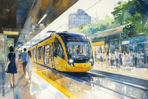 Tram arrival and passengers boarding urban transit station watercolor art cityscape side view modern public transport concept
