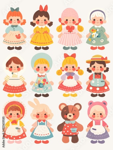 Pastel Flat Style Cartoon Animal Doll Stickers: Simple and Cute Designs