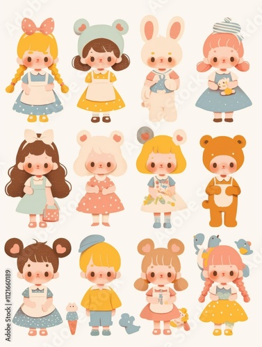 Pastel Flat Style Cartoon Animal Doll Stickers: Simple and Cute Designs