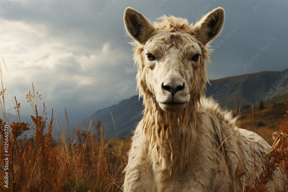 Fototapeta premium close-up of a llama standing against a mountainous landscape. 