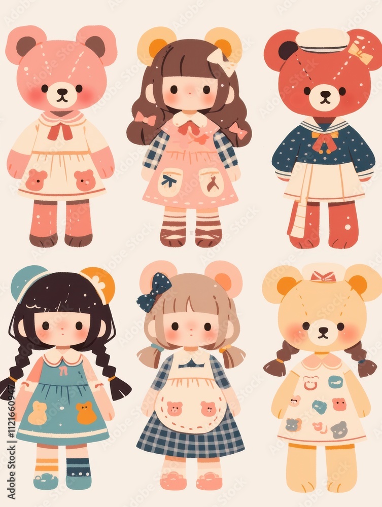 Pastel Flat Style Cartoon Animal Doll Stickers: Simple and Cute Designs Pastel Flat Style Cartoon Animal Doll Stickers: Simple and Cute Designs