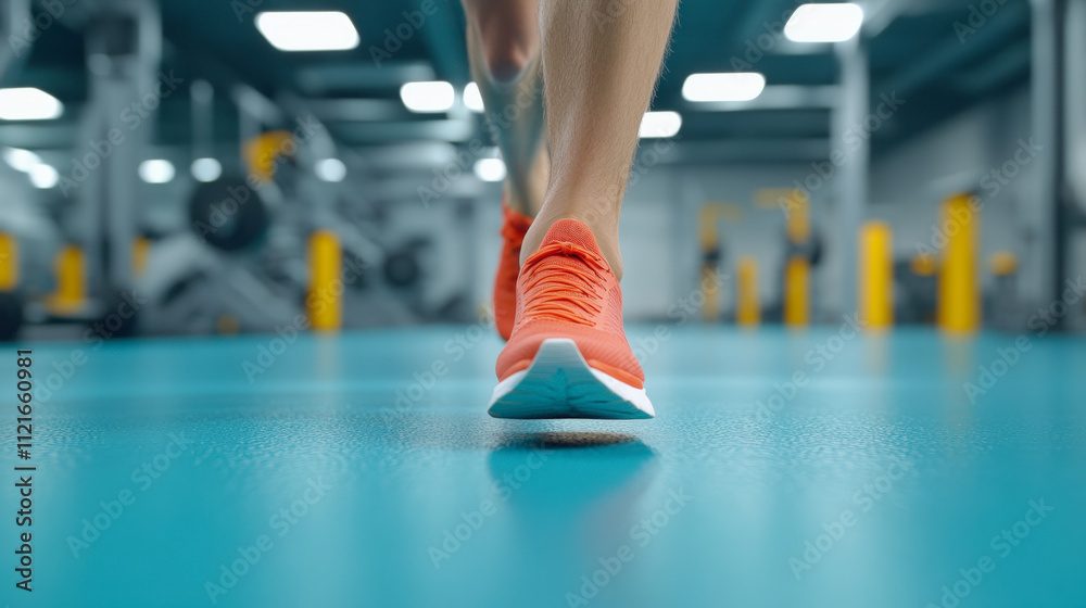 A person wearing bright orange athletic shoes is running on a blue gym floor, with gym equipment visible in the background. A person wearing bright orange athletic shoes is running on a blue gym floor, with gym equipment visible in the background.