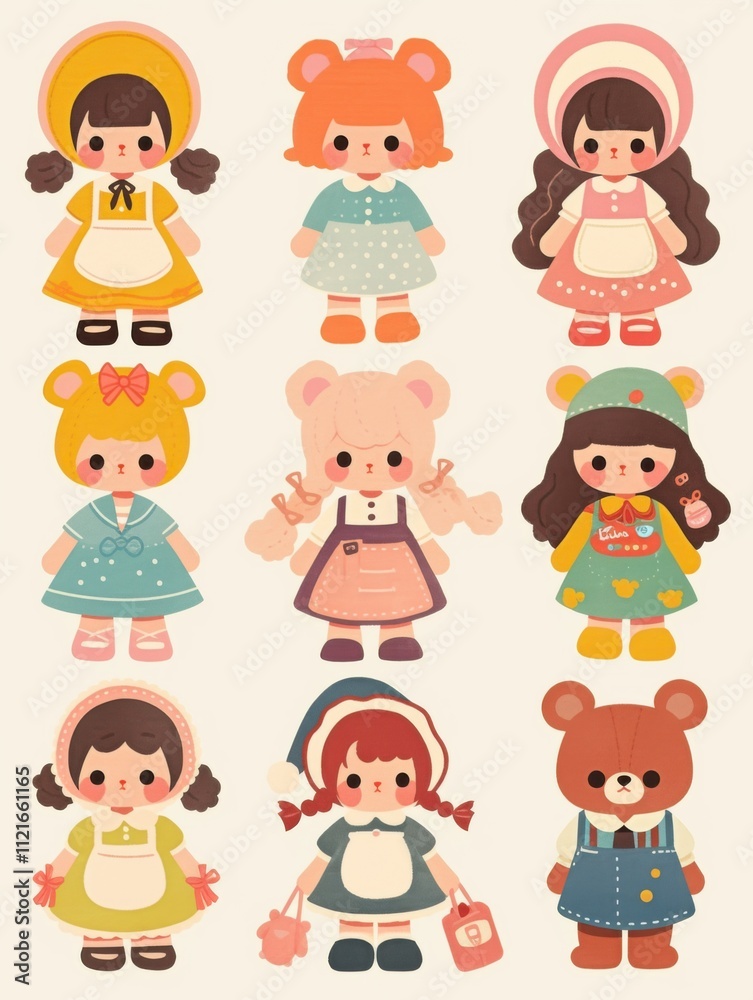 Pastel Flat Style Cartoon Animal Doll Stickers: Simple and Cute Designs Pastel Flat Style Cartoon Animal Doll Stickers: Simple and Cute Designs