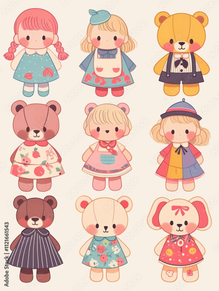 Pastel Flat Style Cartoon Animal Doll Stickers: Simple and Cute Designs Pastel Flat Style Cartoon Animal Doll Stickers: Simple and Cute Designs