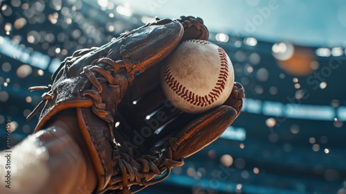 A close-up of a hand catching a baseball with a glove in baseball stadium