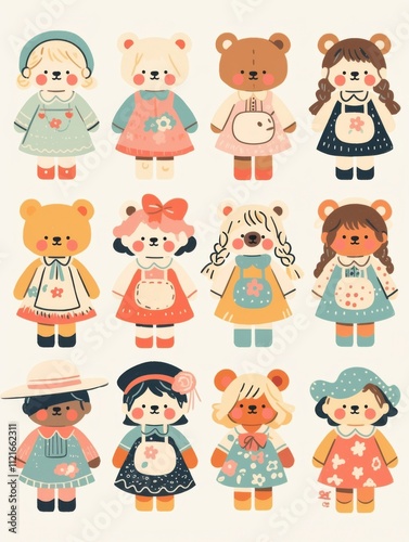 Pastel Flat Style Cartoon Animal Doll Stickers: Simple and Cute Designs