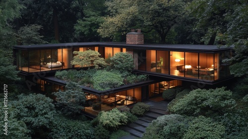 Contemporary architectural design highlights modern home surrounded by lush greenery in tranquil nature setting