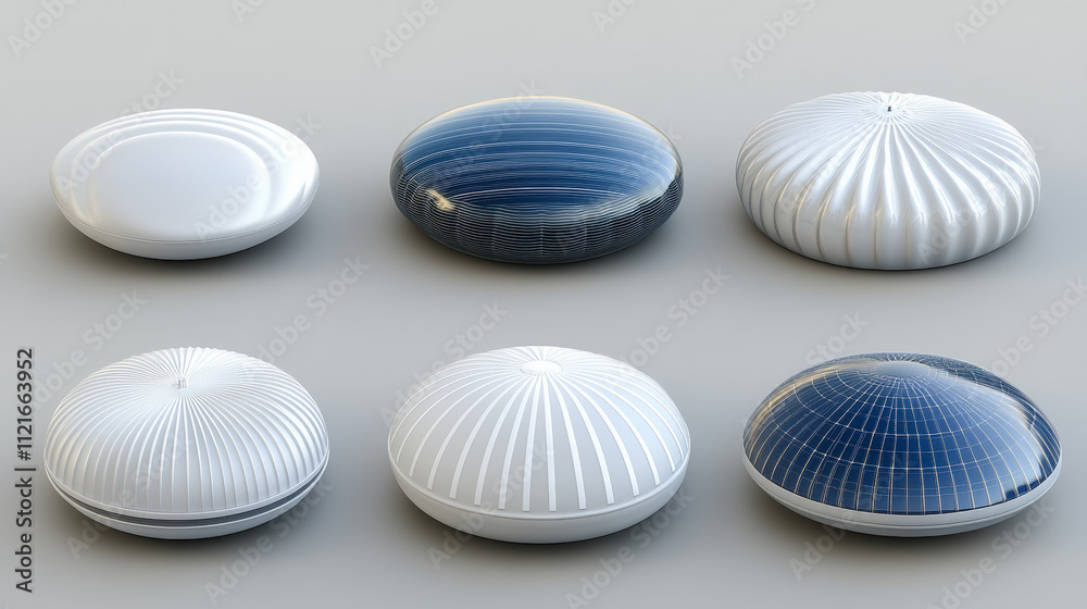 Fototapeta premium A set of futuristic, round smart devices with white and blue ribbed designs, resembling UFOs, displayed on a neutral background.