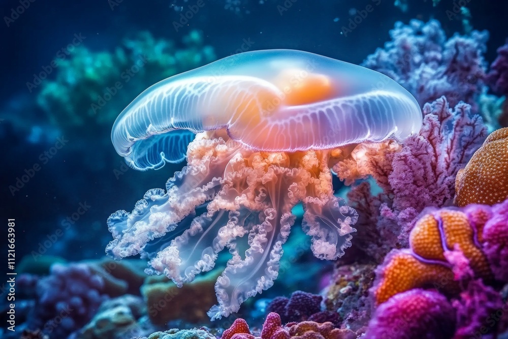 Fototapeta premium Vibrant Jellyfish Swimming Among Colorful Coral Reef - Stunning Underwater Marine Life Photography