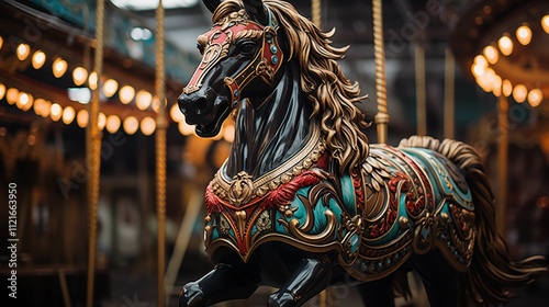 Carousel lion with golden mane shines under bright lights, adding boldness to the amusement park ride.