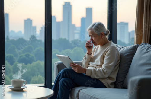 An elderly woman reading on a tablet, sipping a warm drink, and enjoying a peaceful moment. This image is ideal for content related to senior lifestyle, digital technology for seniors, and well-being photo