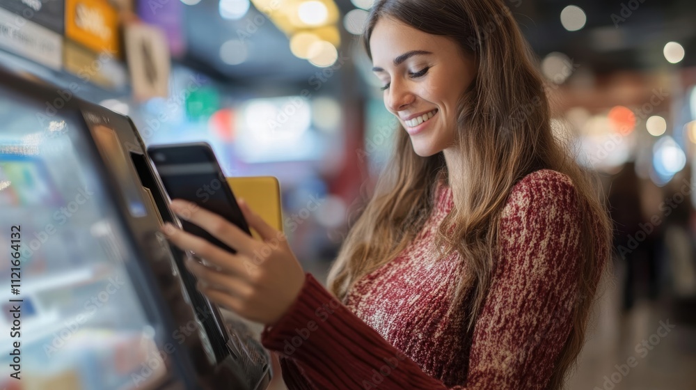 woman using mobile phone for payment at self-service kiosk woman using mobile phone for payment at self-service kiosk