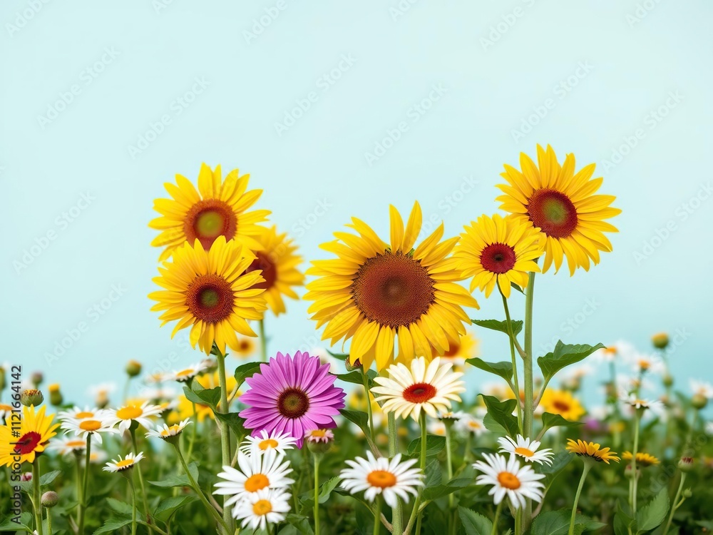 Fototapeta premium A beautiful display of sunflowers and daisies standing tall amidst a sea of greenery, bright yellow, green plants