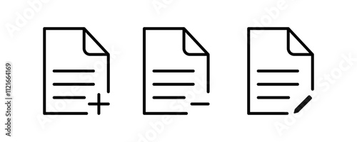 Add, remove, and edit document icon in line style with plus and minus symbol. Editable stroke