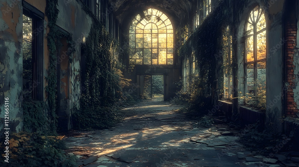 Decaying corridor in abandoned building shows natural light through broken windows, featuring overgrown vegetation, peeling paint, and dramatic urban exploration. Decaying corridor in abandoned building shows natural light through broken windows, featuring overgrown vegetation, peeling paint, and dramatic urban exploration.