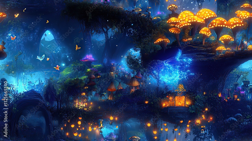 A magical forest with glowing mushrooms, butterflies, and lanterns.