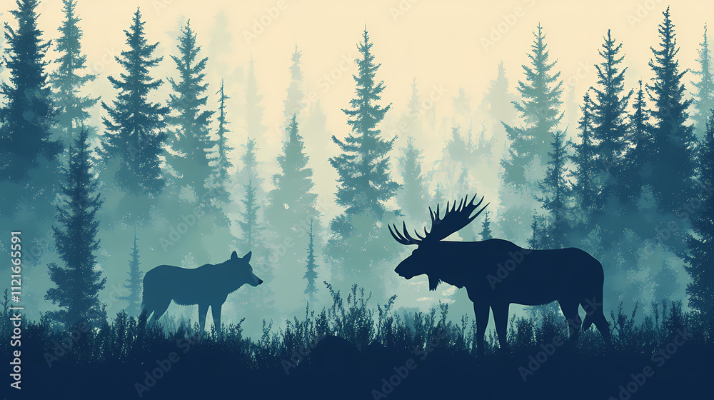 A boreal forest habitat with wolves and moose, where coniferous trees provide shelter for large mammals in a cold, dense forest. Boreal. Illustration A boreal forest habitat with wolves and moose, where coniferous trees provide shelter for large mammals in a cold, dense forest. Boreal. Illustration