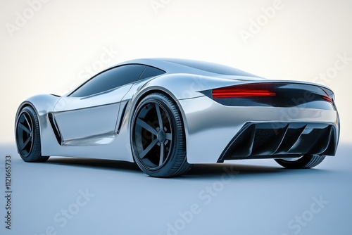Sleek silver sports car, rear view, showcasing aerodynamic design and powerful stance.