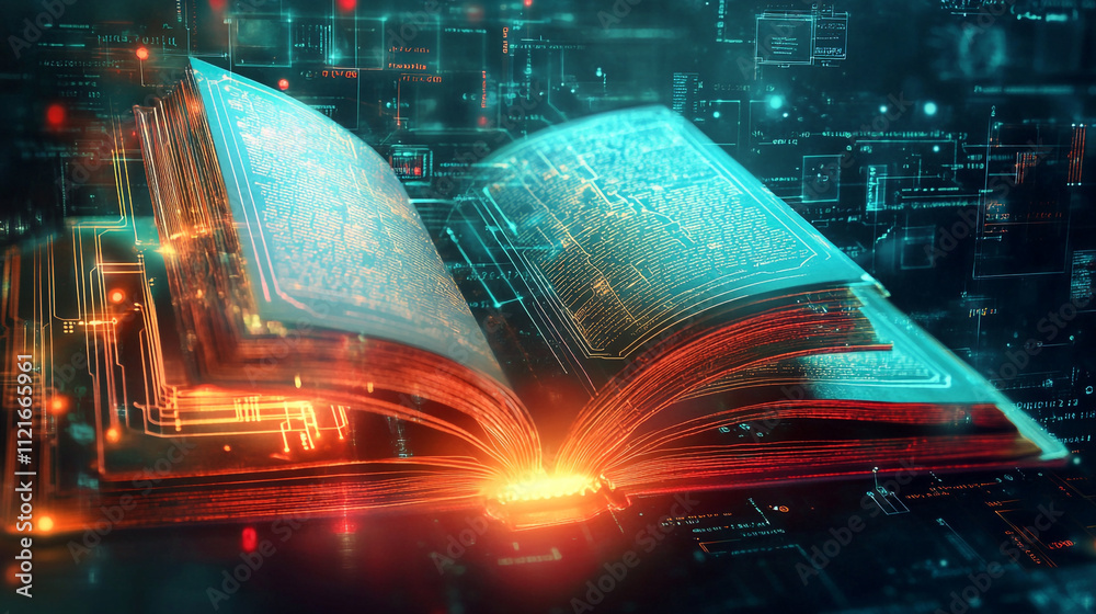 An open book with pages turning into digital data and technology and business concept background, A glowing digital interface an open book with lines and light effect, falling financial graph. An open book with pages turning into digital data and technology and business concept background, A glowing digital interface an open book with lines and light effect, falling financial graph.