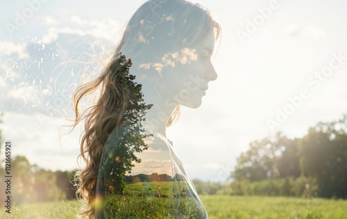 Double exposure of woman's profile blended with lush green landscape under clear sky. Artistic portrait concept for nature and self-reflection themes.