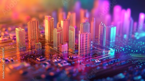  3D hologram cityscape on a circuit board, with a colorful gradient background #1121665974