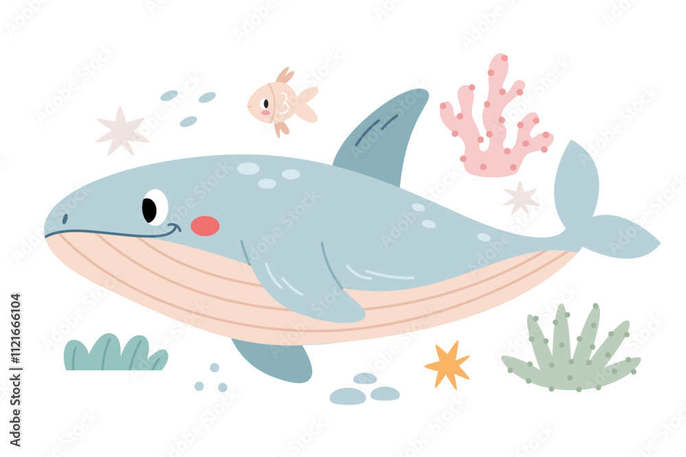 Whale in a marine environment among fish, algae and corals. Modern minimalist illustration in Scandinavian kids style. Whale in a marine environment among fish, algae and corals. Modern minimalist illustration in Scandinavian kids style.