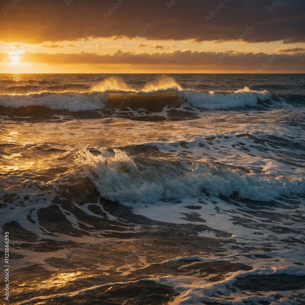 Fototapeta premium A golden sunrise over the ocean with waves shimmering in the light.