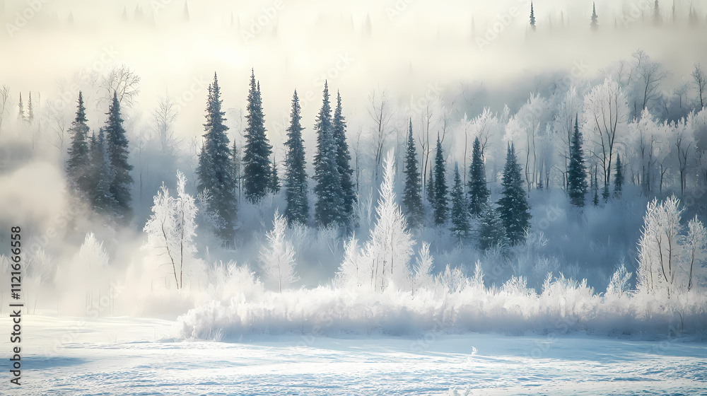 Fototapeta premium A captivating winter scene showing the boreal forest in the frosty winter weather with white shades, text area, png. Boreal. Illustration