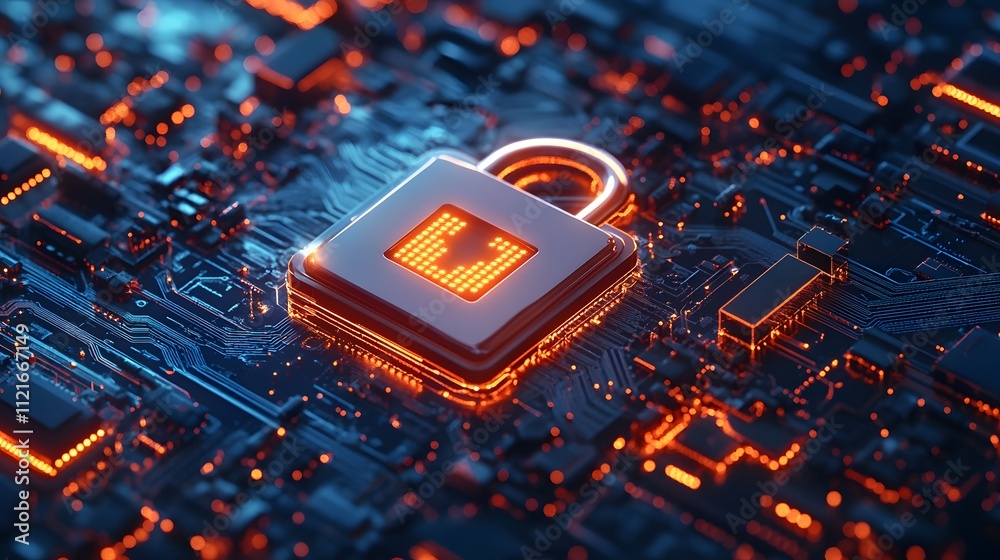 Digital security visualization shows white padlock icon against light blue technology background with circuit board pattern and glowing lines in futuristic style.