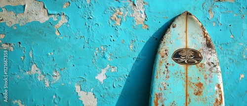 Vintage Surfboard Against Blue Distressed Wall â€“ Perfect for Beach, Surfing, and Retro Themes in Travel and Lifestyle Photography photo