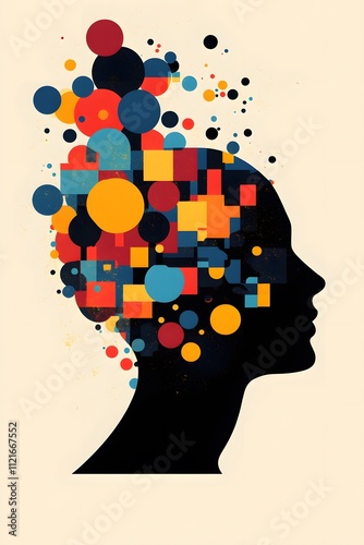 Colorful abstract shapes form a vibrant silhouette of a human head. Generative AI.