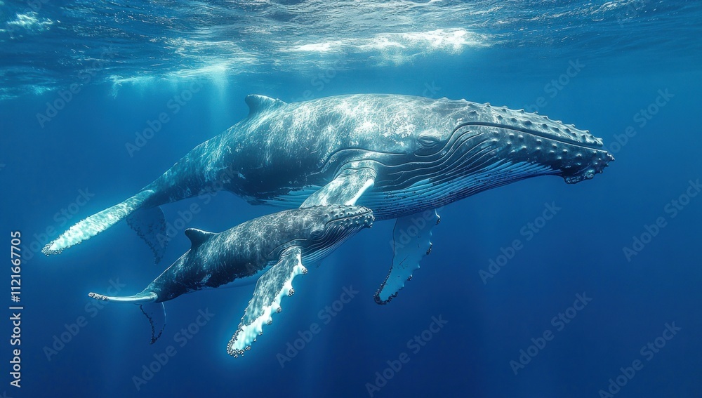Fototapeta premium Humpback Whale Mother and Calf Swimming in the Ocean