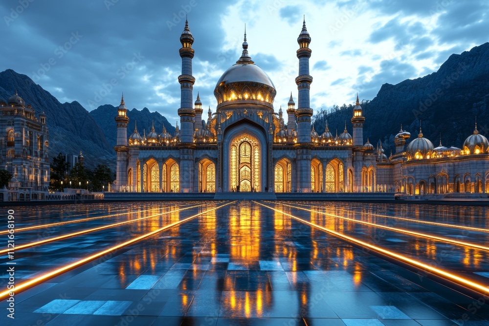 Naklejka premium A 3D-rendered model of a grand Hindu temple with detailed carvings and glowing lights, set against a twilight sky