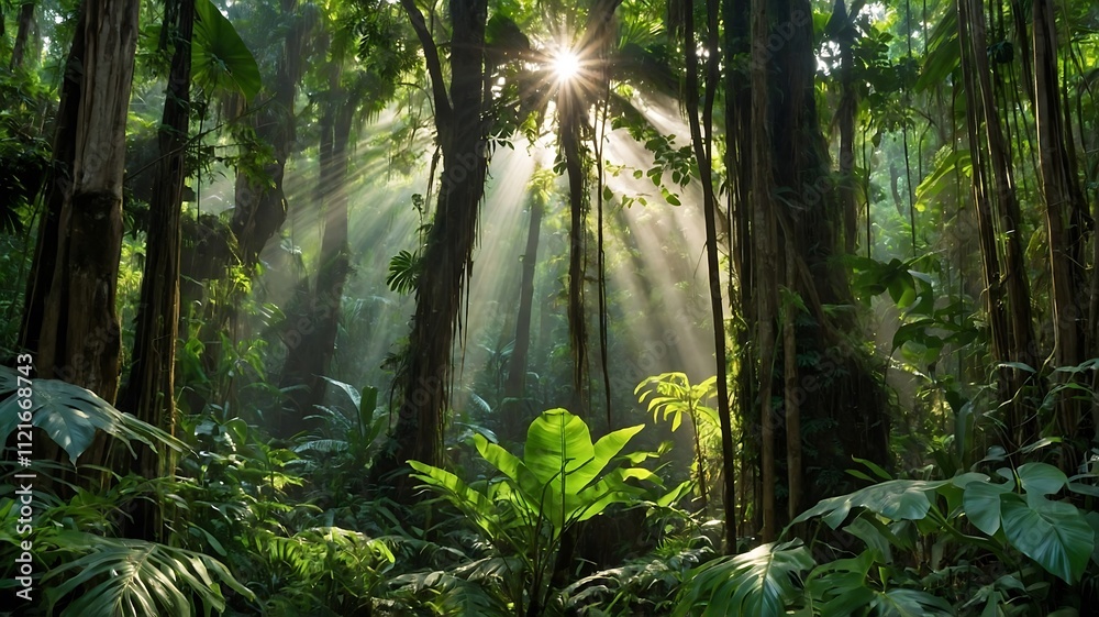 Fototapeta premium Sunbeams Filtering Through Lush Rainforest Canopy