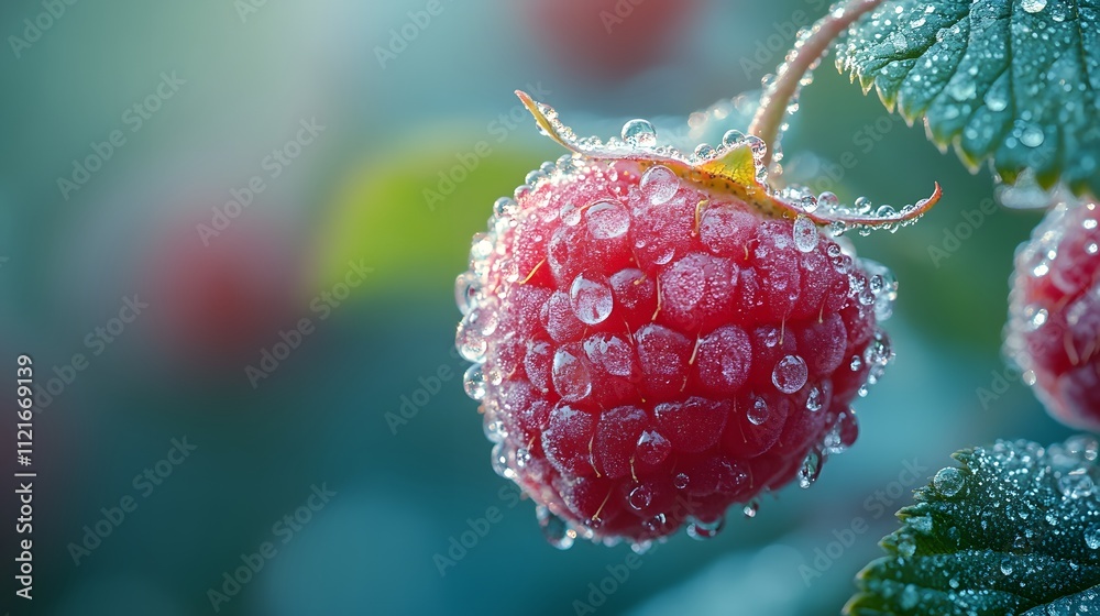 Extreme macro shot captures fresh red raspberries on branch with detailed texture, dewdrops, and natural green bokeh background in botanical photography style. Extreme macro shot captures fresh red raspberries on branch with detailed texture, dewdrops, and natural green bokeh background in botanical photography style.